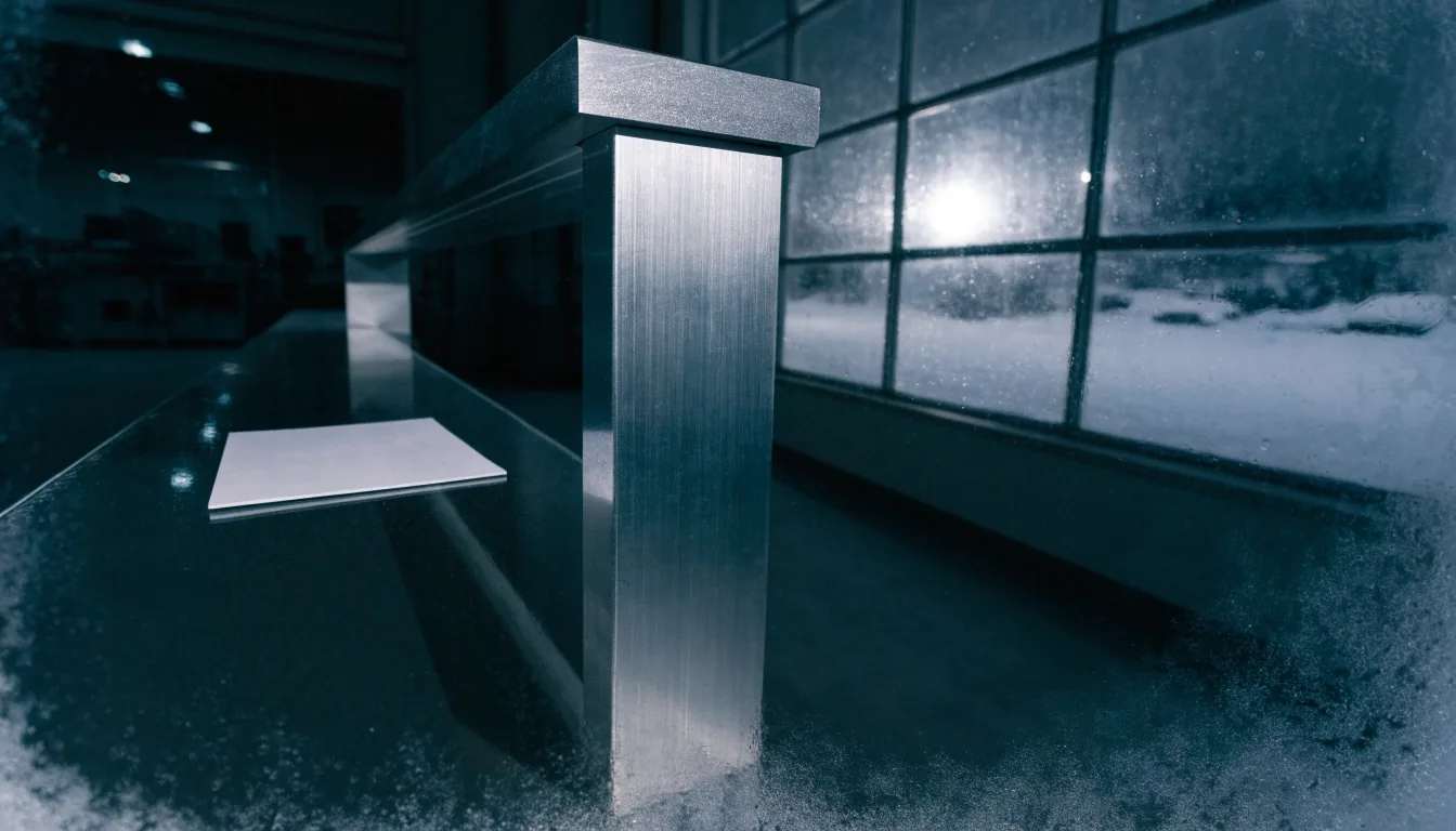 Anodised aluminium bench edge with a snowy window behind it and one card left flat on the empty plate
