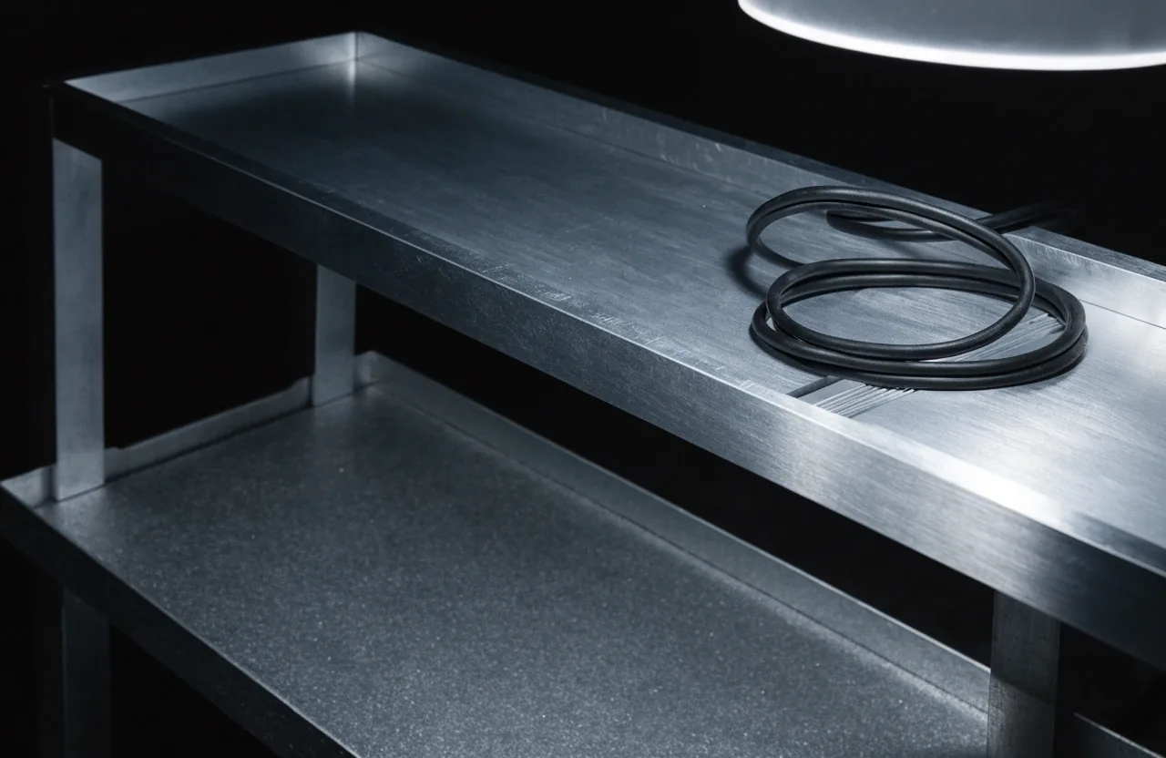 Anodised aluminium bench with a coiled power cable resting on a bare metal tray under an overhead lamp