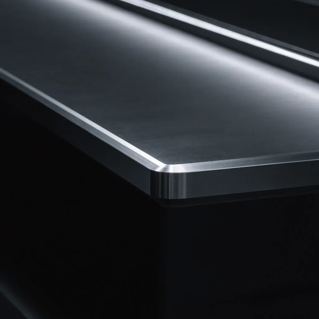 Close crop of a machined aluminium panel edge and hairline bezel under an overhead bench lamp