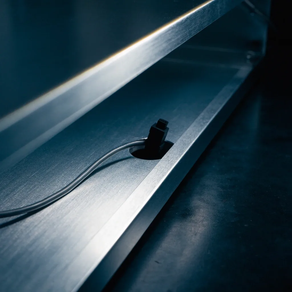 Macro view of a small connector seated into a socket on the underside of an aluminium panel