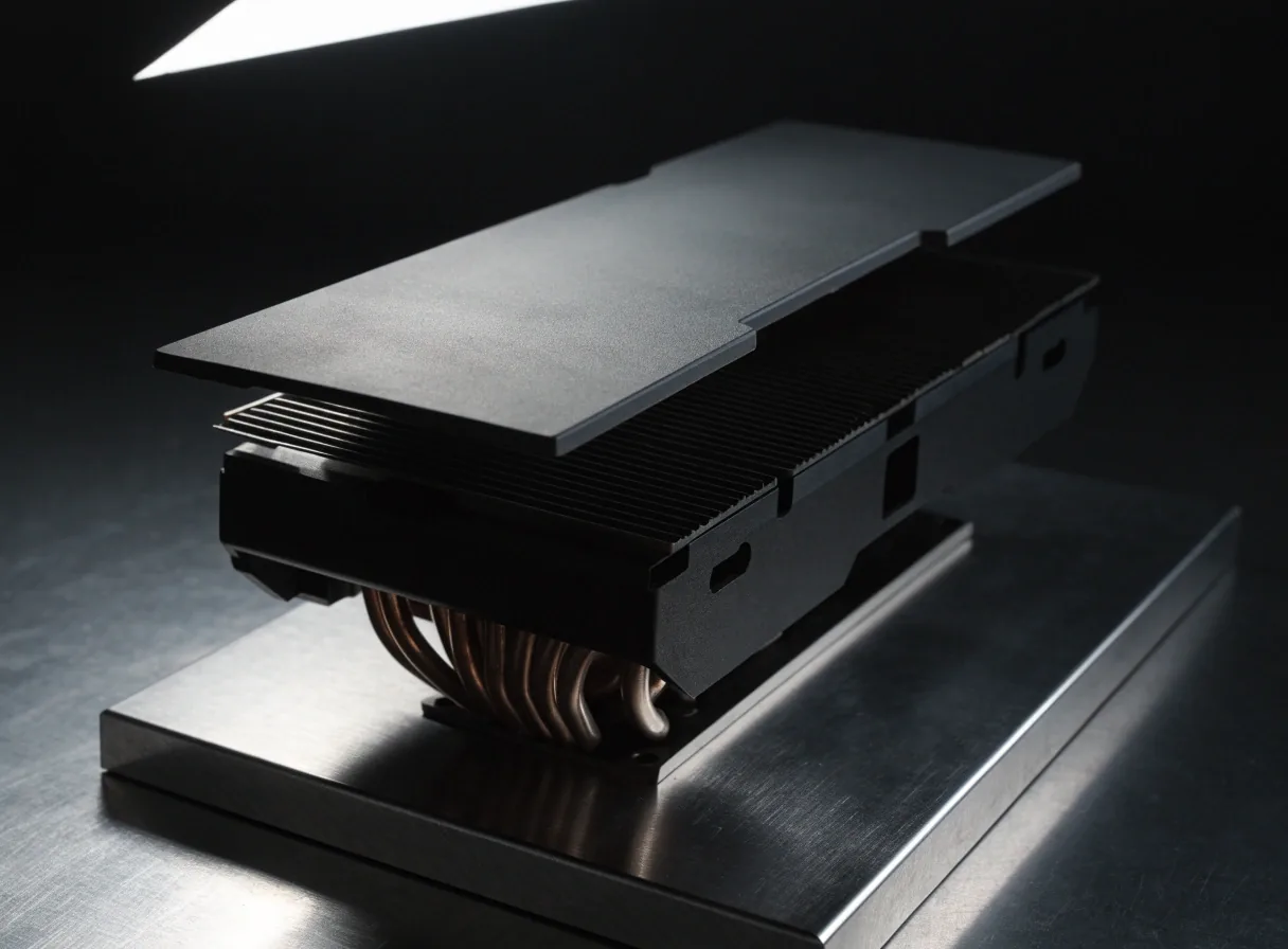 A Radeon-class cooler assembly standing upright on the bench plate