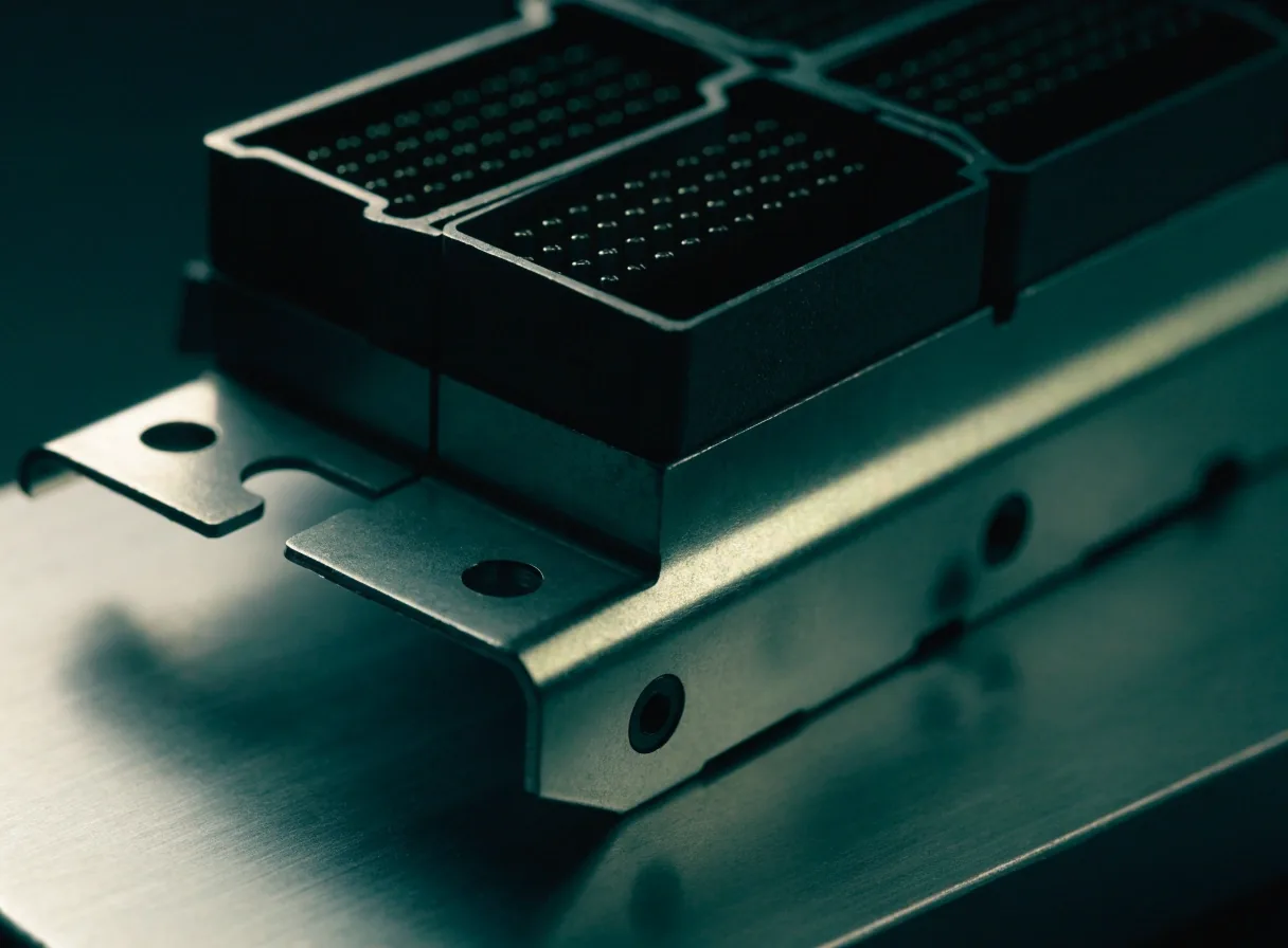 Power connector sockets and steel bracket detail on the bench