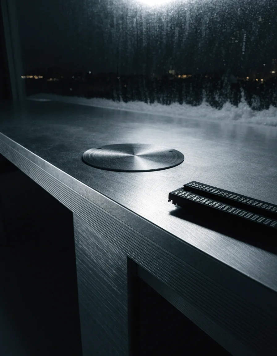 The bench edge at night with a snowy window behind and one card left on the plate