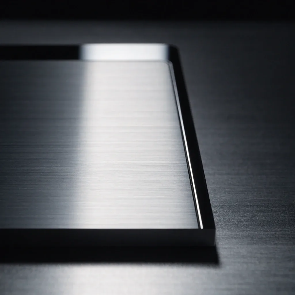 Machined aluminium panel edge under cool overhead light on a workbench