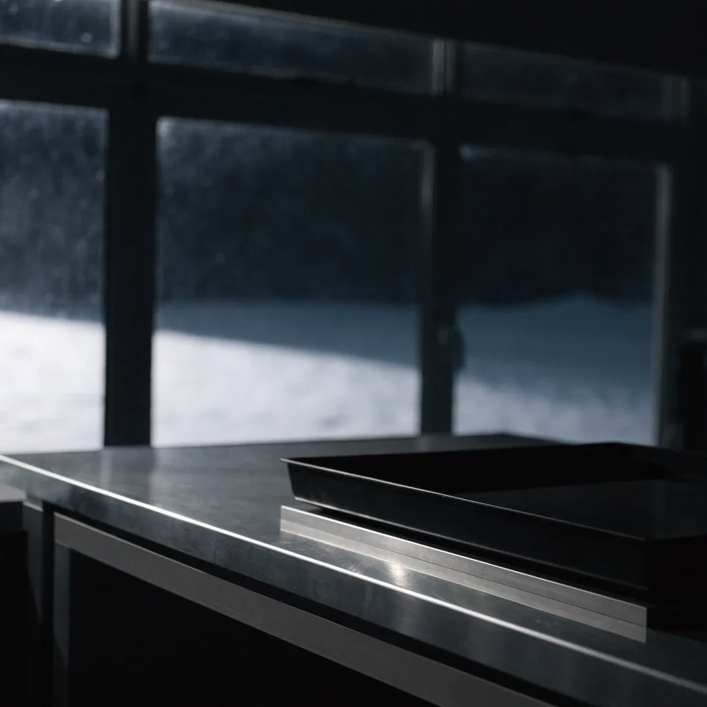 Bench edge at night with a snowy window behind it and an empty tray on the plate