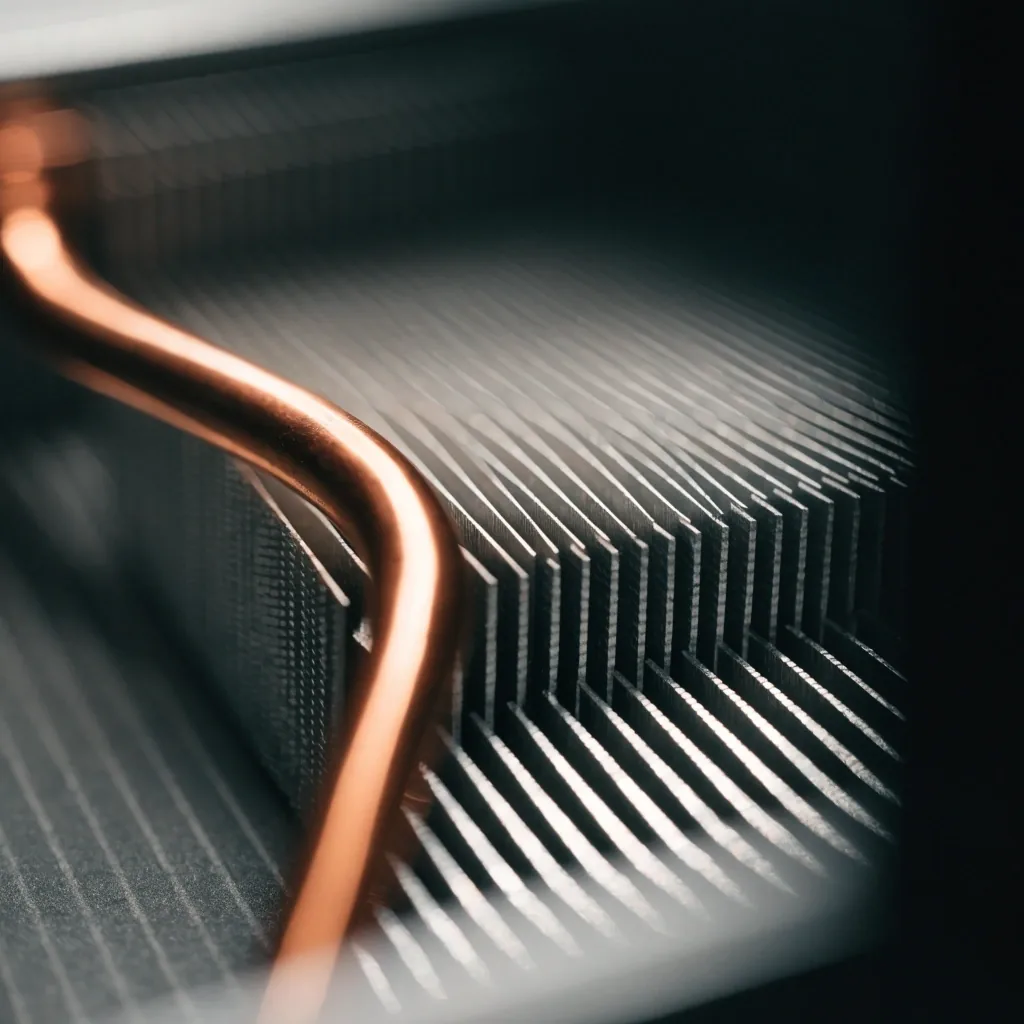 Macro of a cooler fin stack and heatpipe bend raked by cool side light