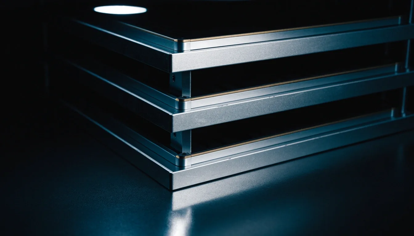 Stacked graphics card trays on an anodised bench under a single overhead light